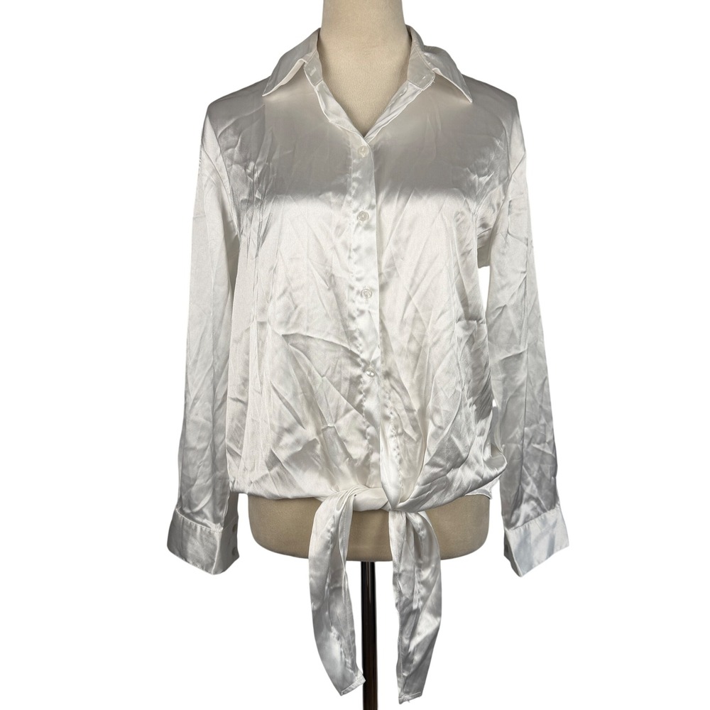 Ivory Satin Tie Front Button Down Blouse Long Sleeve White Small‎ Chic Party